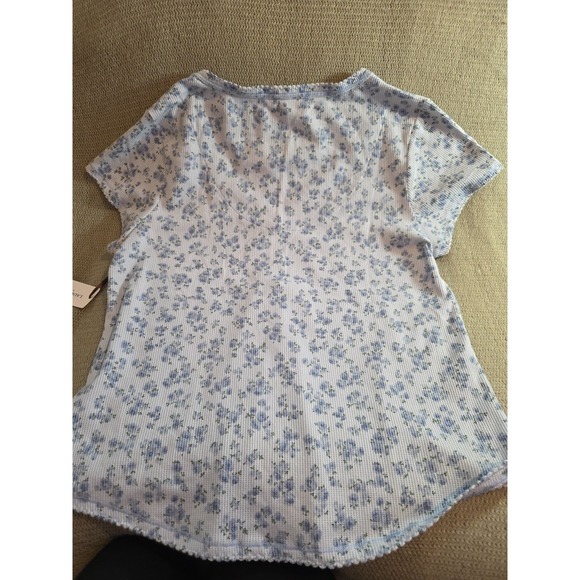 Laura Ashley Blue Ditsy Floral Fine Ribbed Shrt Sleeve Henley Soft Top NWT Sz XL - Picture 7 of 7